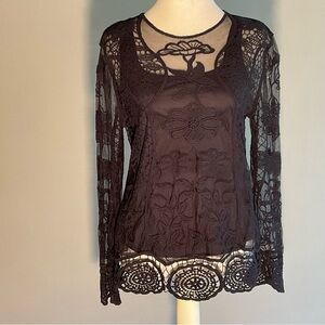 Blair Small Gothic-Romantic Victorian-Inspired Boho Navy Embroidered Lace Blouse